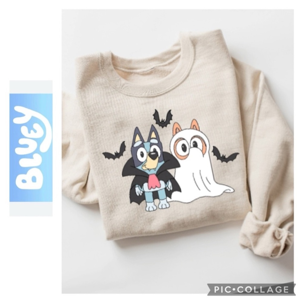 Bluey Halloween Adult Sweatshirt Medium Vampire Ghost Bats Gildan Crewneck